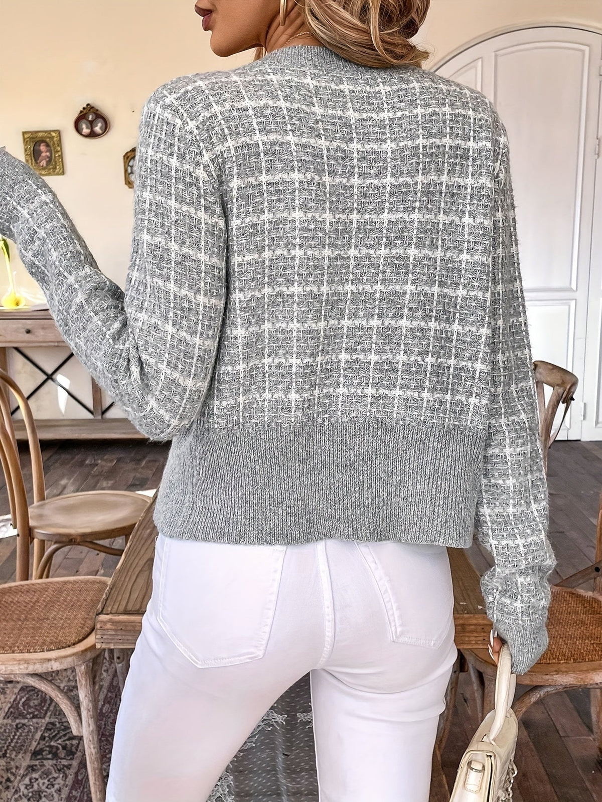 Women's Cropped Cardigan | Houndstooth Pattern, Gold Button Front, Fitted Silhouette 6