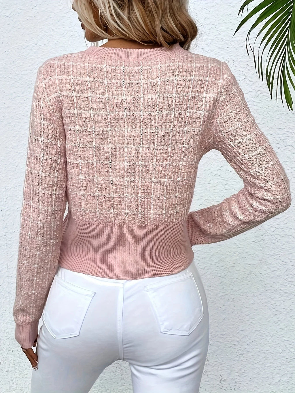 Women's Cropped Cardigan | Houndstooth Pattern, Gold Button Front, Fitted Silhouette 8