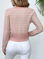 Women's Cropped Cardigan | Houndstooth Pattern, Gold Button Front, Fitted Silhouette 8