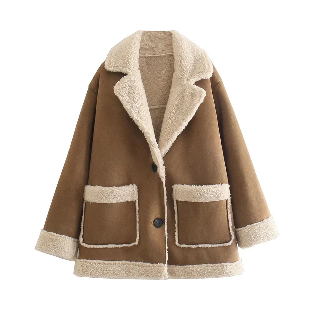 Women's Faux Shearling Jacket | Open Front, Contrast Panels, Cozy Winter Layering 0
