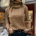 Women's Fitted Cable Knit Sweatshirt | Ribbed Turtleneck, Long Sleeves 0