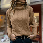 Women's Fitted Cable Knit Sweatshirt | Ribbed Turtleneck, Long Sleeves 0
