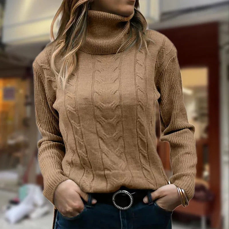 Women's Fitted Cable Knit Sweatshirt | Ribbed Turtleneck, Long Sleeves 1