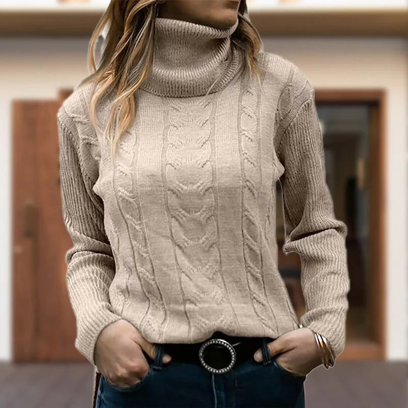 Women's Fitted Cable Knit Sweatshirt | Ribbed Turtleneck, Long Sleeves 3