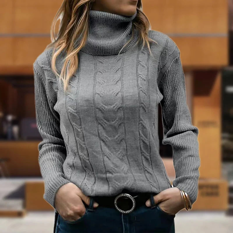 Women's Fitted Cable Knit Sweatshirt | Ribbed Turtleneck, Long Sleeves 4