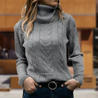 Women's Fitted Cable Knit Sweatshirt | Ribbed Turtleneck, Long Sleeves 4