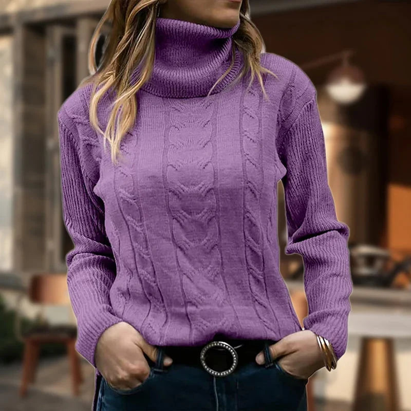 Women's Fitted Cable Knit Sweatshirt | Ribbed Turtleneck, Long Sleeves 5