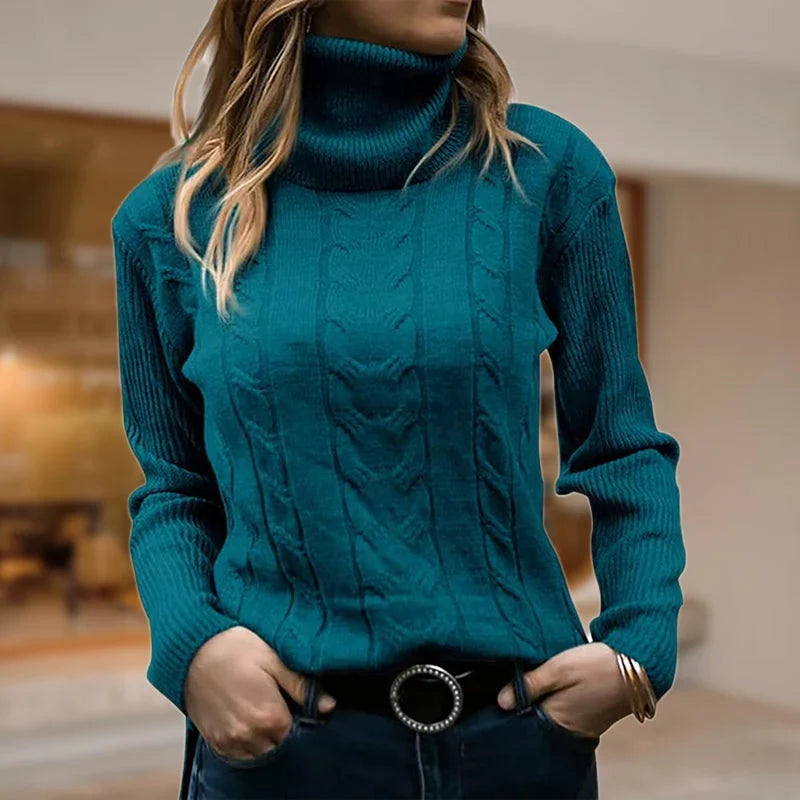 Women's Fitted Cable Knit Sweatshirt | Ribbed Turtleneck, Long Sleeves 6