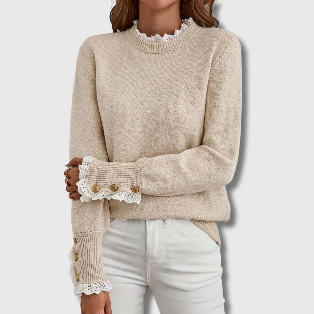 Women's Jumper | Lace Detail, Decorative Buttons, Ribbed Cuffs 0