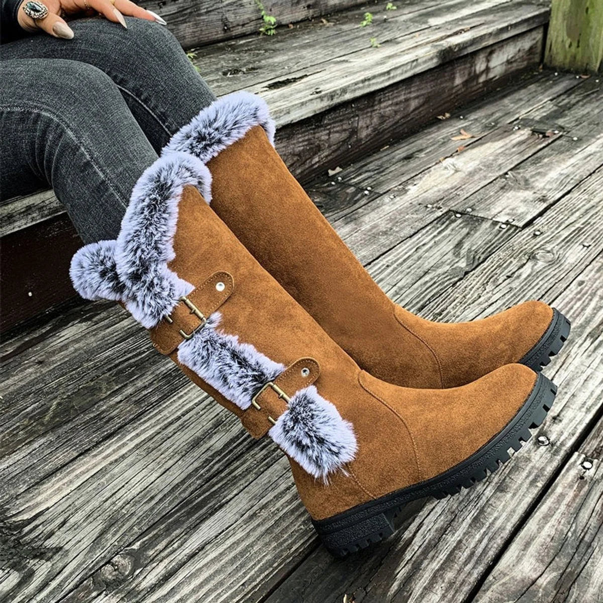Women's Knee High Boots | Faux Suede, Plush Lining, Buckle Detail 1