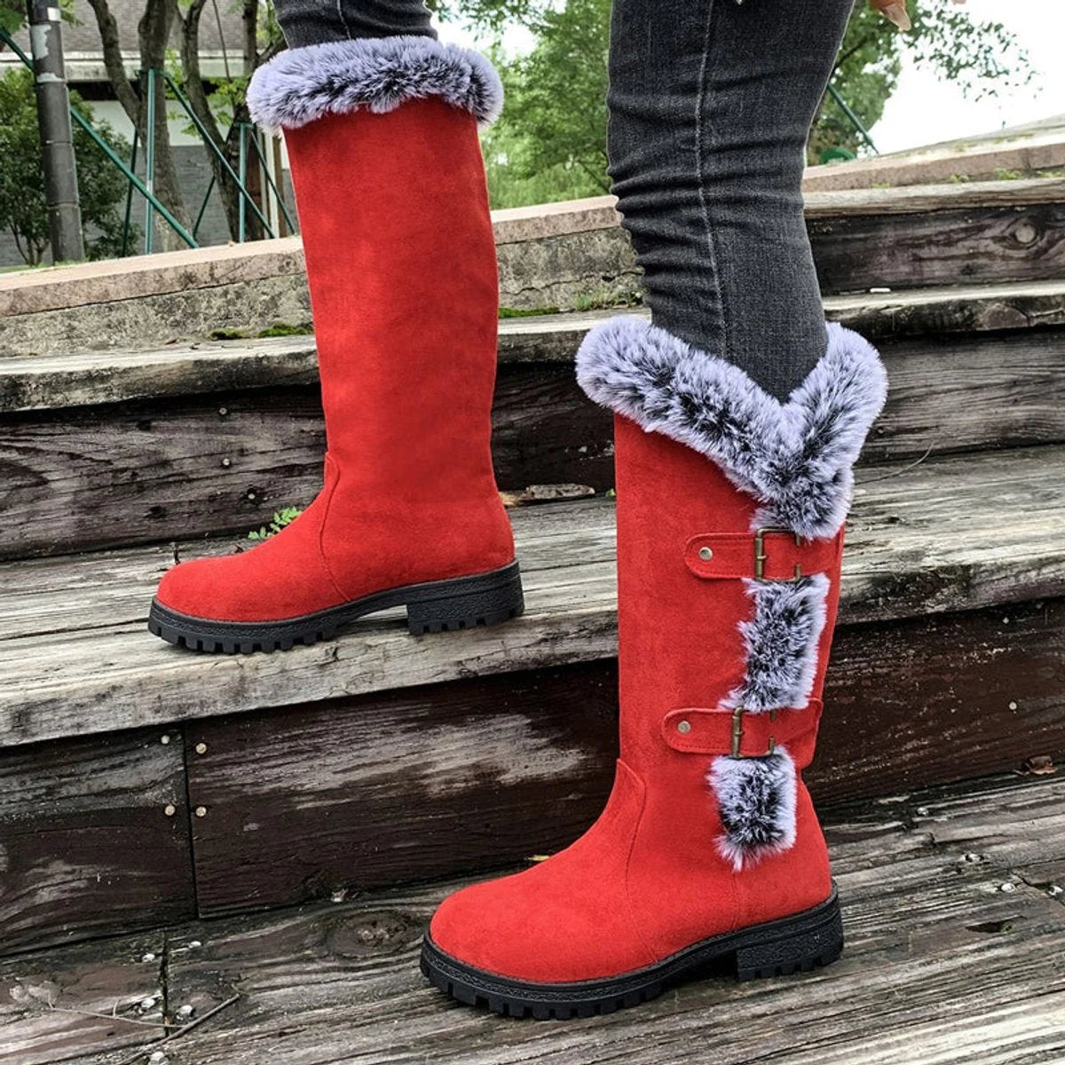 Women's Knee High Boots | Faux Suede, Plush Lining, Buckle Detail 2
