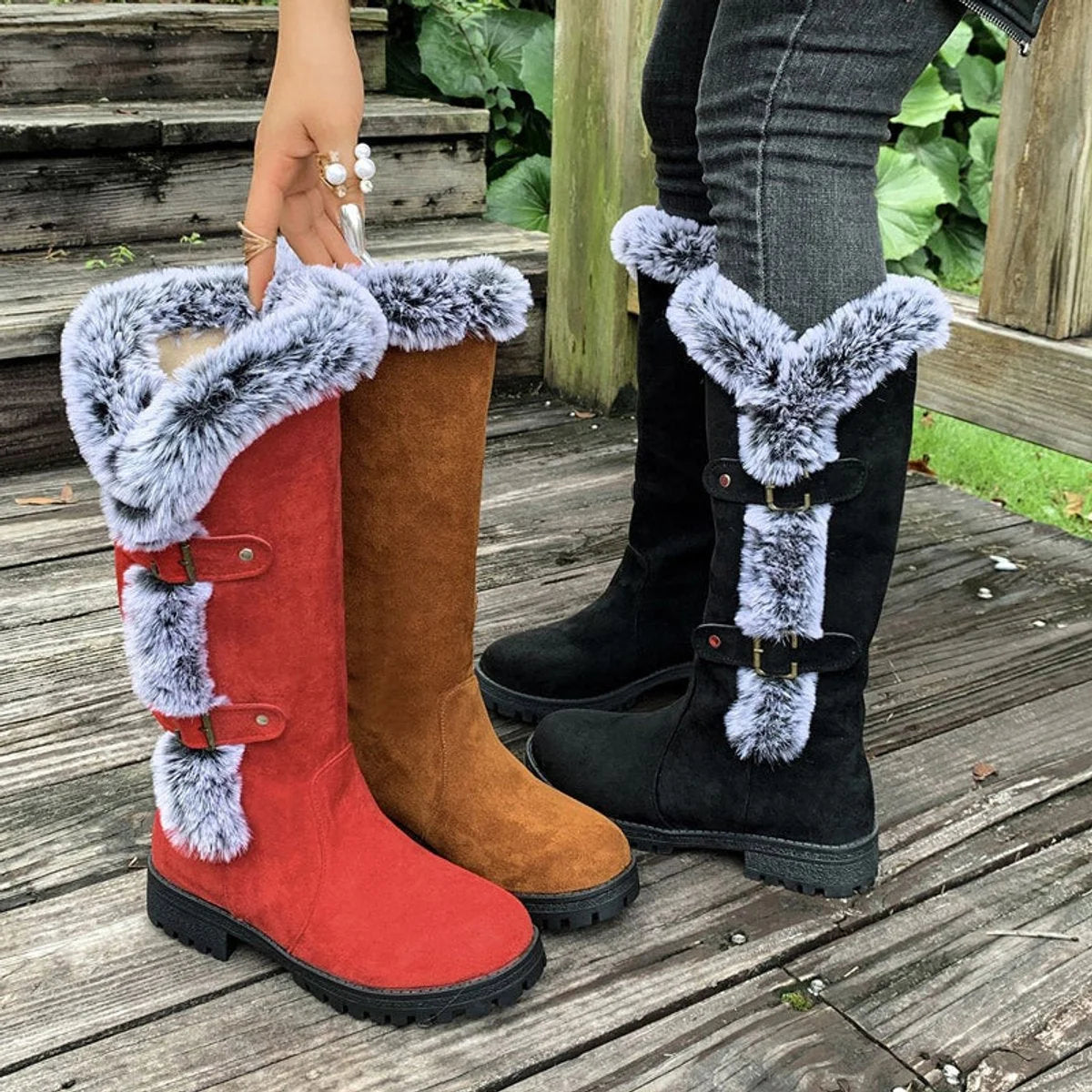 Women's Knee High Boots | Faux Suede, Plush Lining, Buckle Detail 3
