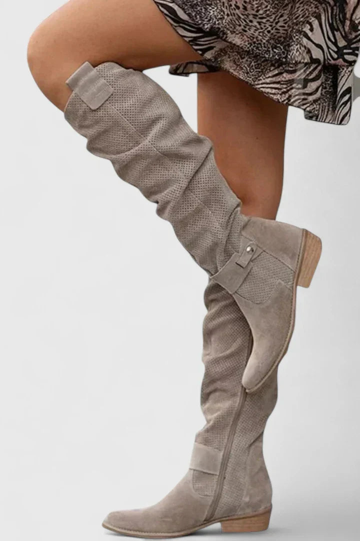 Women's Knee High Boots | Perforated Shaft, Low Block Heel 0