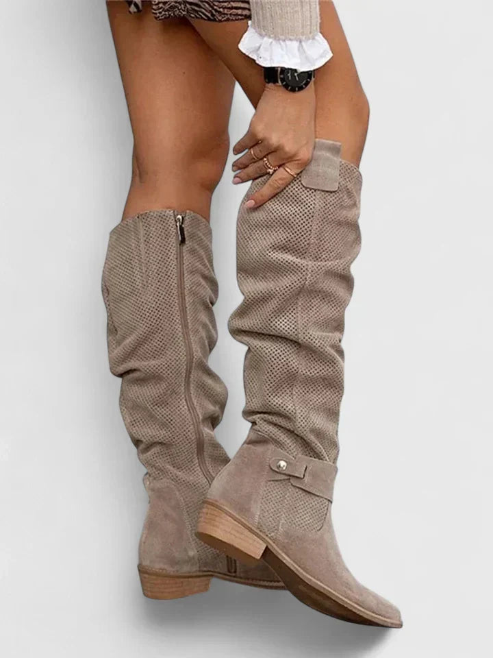 Women's Knee High Boots | Perforated Shaft, Low Block Heel 2