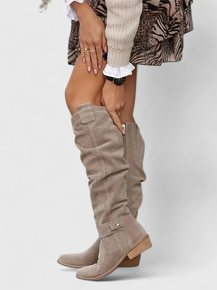 Women's Knee High Boots | Perforated Shaft, Low Block Heel 3