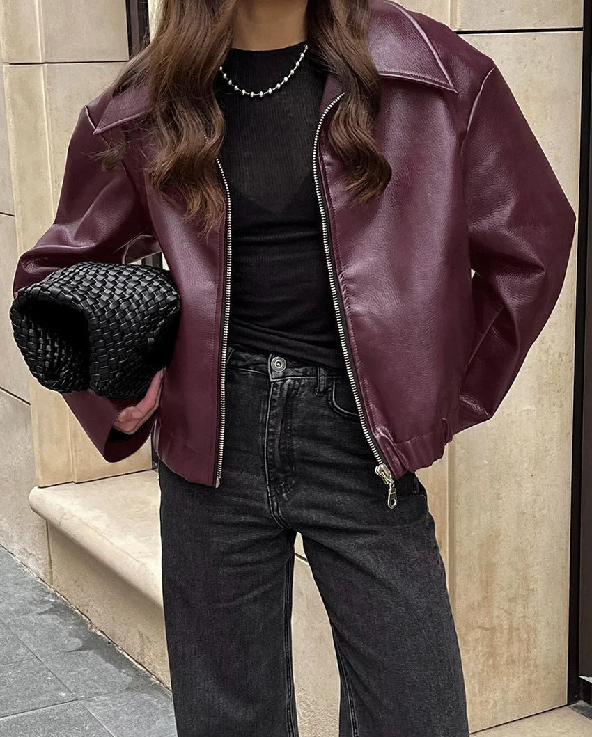 Women's Leather Jacket | Cropped Biker Style, Matte Finish, Oversized Fit 1