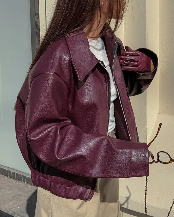 Women's Leather Jacket | Cropped Biker Style, Matte Finish, Oversized Fit 2