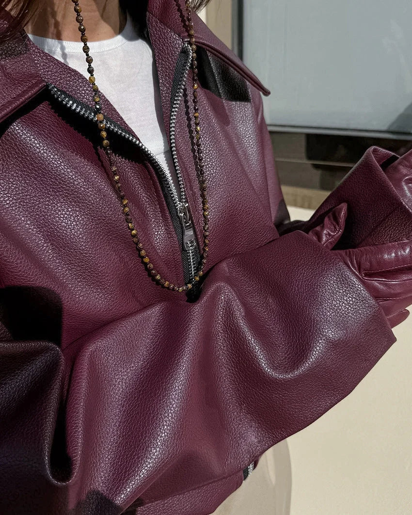 Women's Leather Jacket | Cropped Biker Style, Matte Finish, Oversized Fit 4