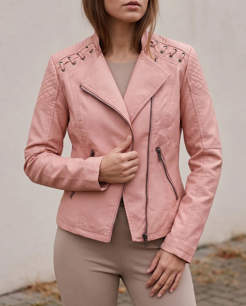 Women's Leather Jacket | Fitted Quilted Design, Asymmetric Zip, Laced Shoulders 1