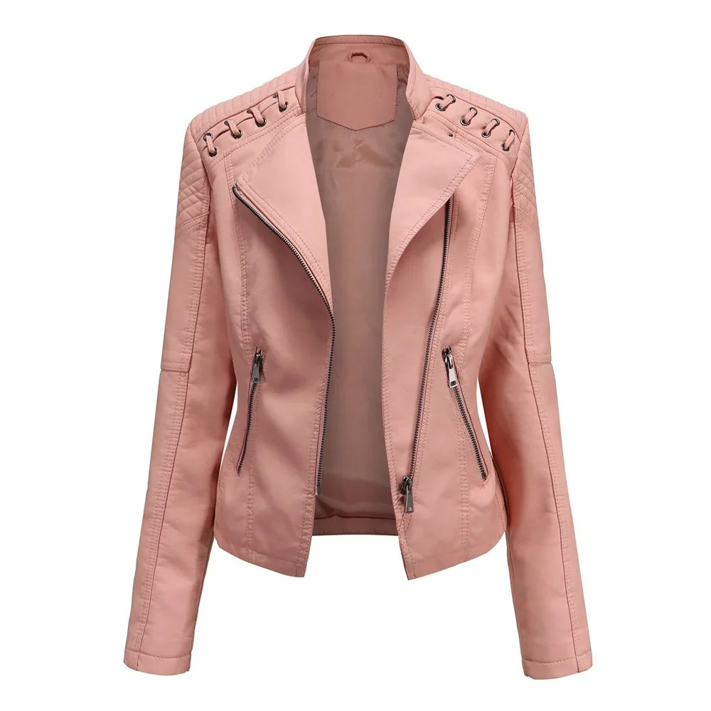 Women's Leather Jacket | Fitted Quilted Design, Asymmetric Zip, Laced Shoulders 2