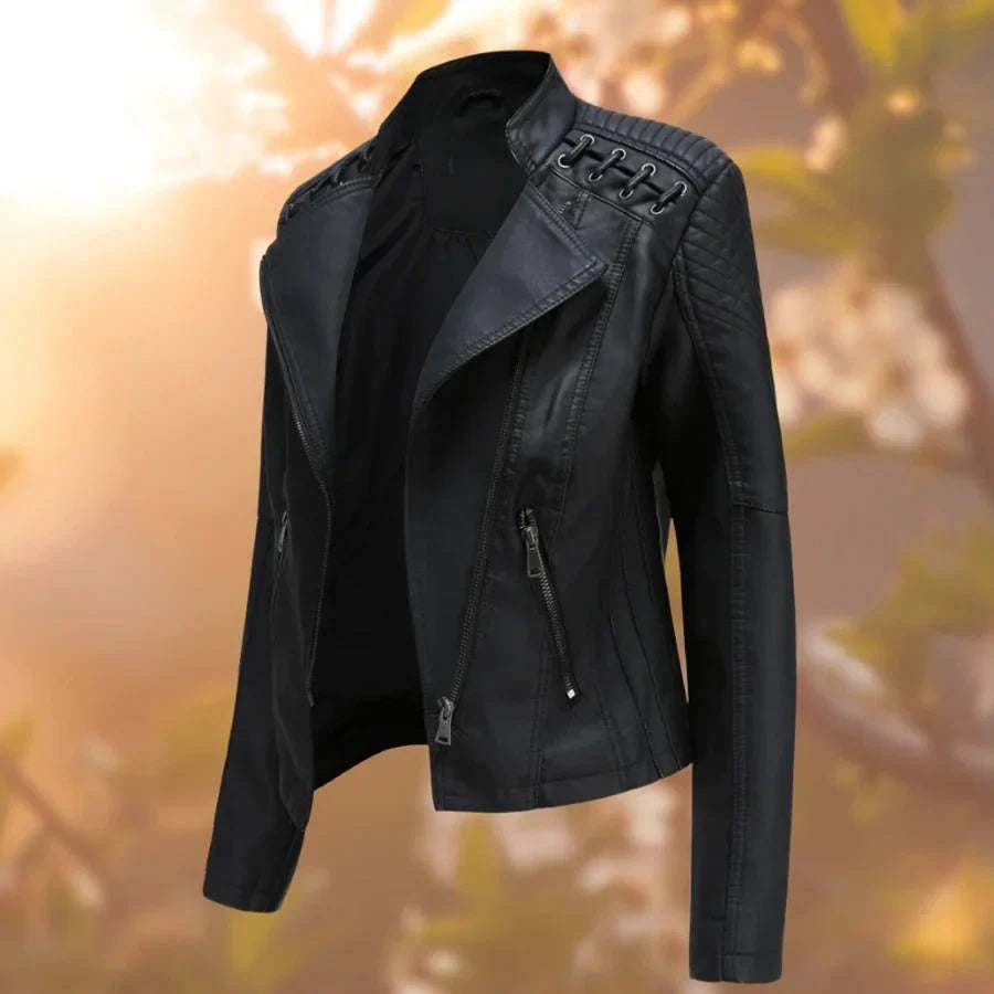 Women's Leather Jacket | Fitted Quilted Design, Asymmetric Zip, Laced Shoulders 7