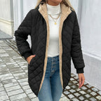 Women's Long Puffer Coat | Diamond Quilted, Fleece-Lined Hood, Mid-Thigh Length 1