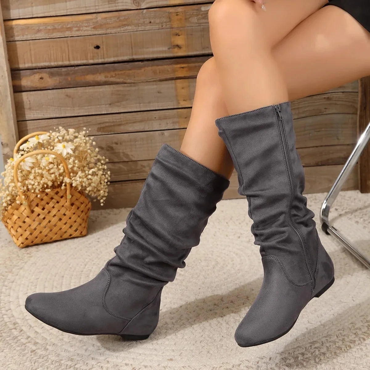 Women’s Mid-Calf Slouch Boots | Suede-Look Fabric, Almond Toe, Flat Sole 0