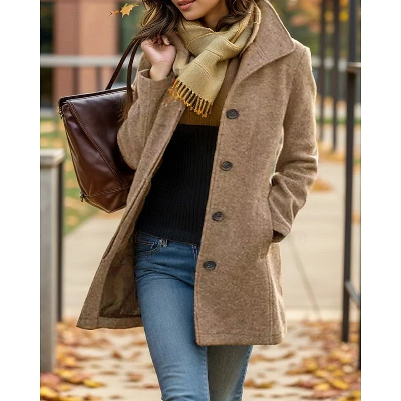 Women's Mid-Length Tailored Winter Coat | Turndown Collar, Button Front, Front Pockets 1