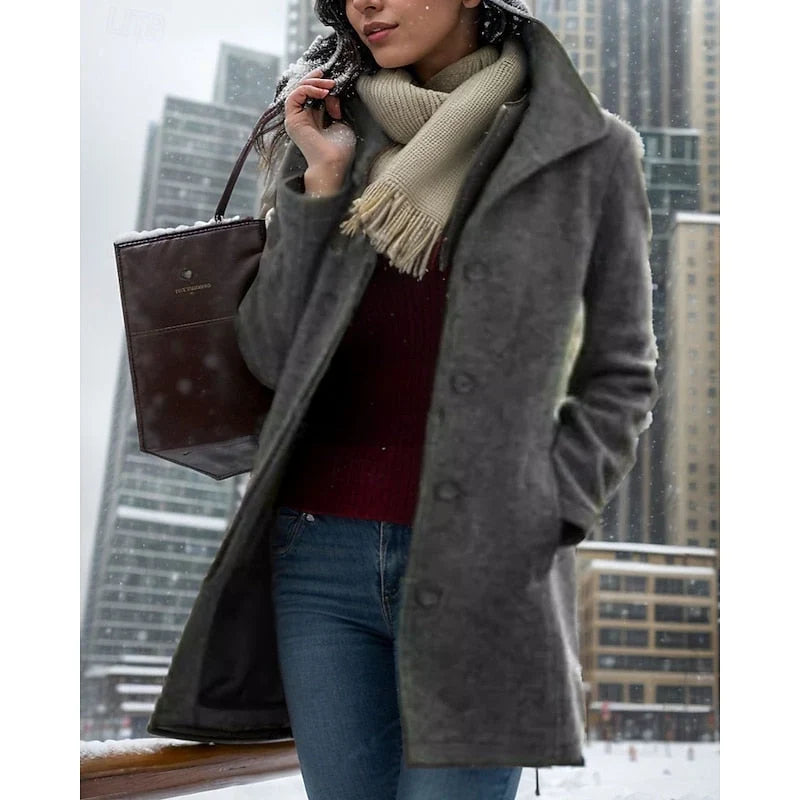 Women's Mid-Length Tailored Winter Coat | Turndown Collar, Button Front, Front Pockets 2