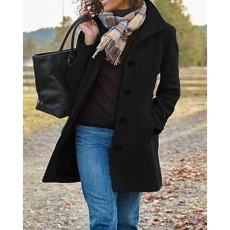 Women's Mid-Length Tailored Winter Coat | Turndown Collar, Button Front, Front Pockets 4