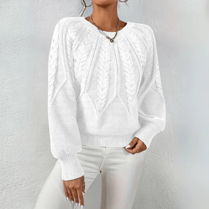 Women's Oversized Cable Knit Sweater | Puff Sleeves, Round Neckline, Relaxed Fit 2