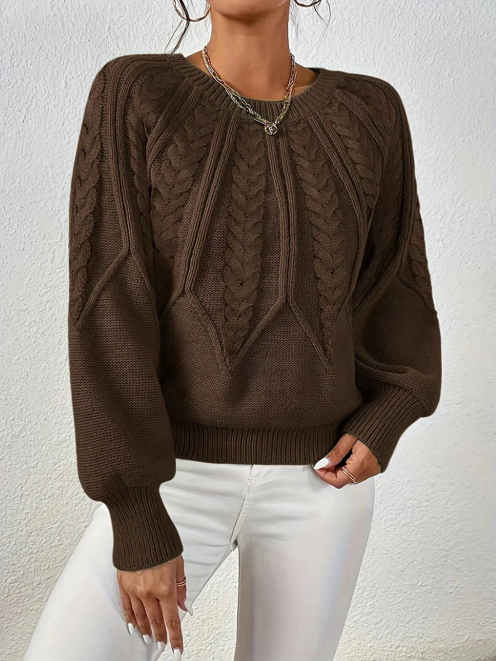 Women's Oversized Cable Knit Sweater | Puff Sleeves, Round Neckline, Relaxed Fit 3