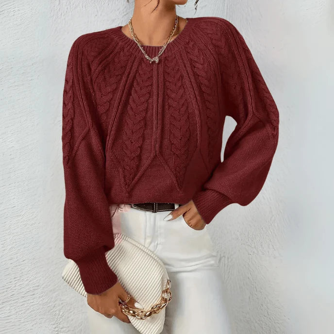 Women's Oversized Cable Knit Sweater | Puff Sleeves, Round Neckline, Relaxed Fit 7