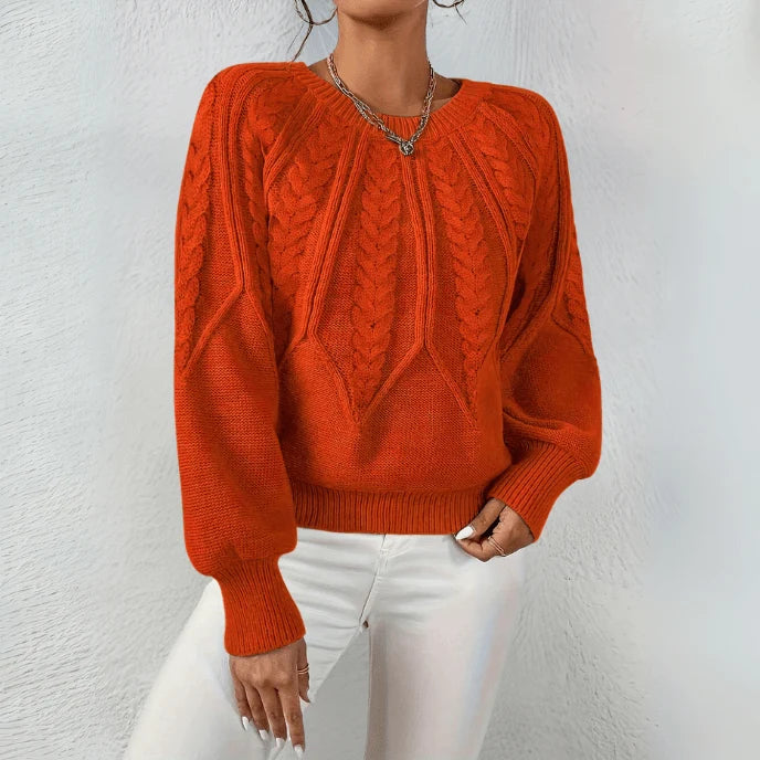 Women's Oversized Cable Knit Sweater | Puff Sleeves, Round Neckline, Relaxed Fit 8