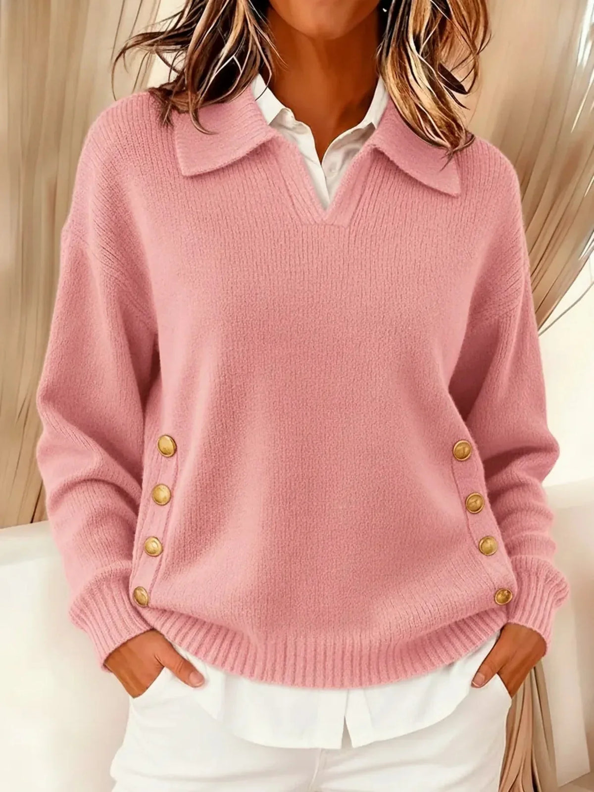 Women's Oversized Polo Jumper | Collared V-Neck, Gold Button Detail, Long Sleeve 1