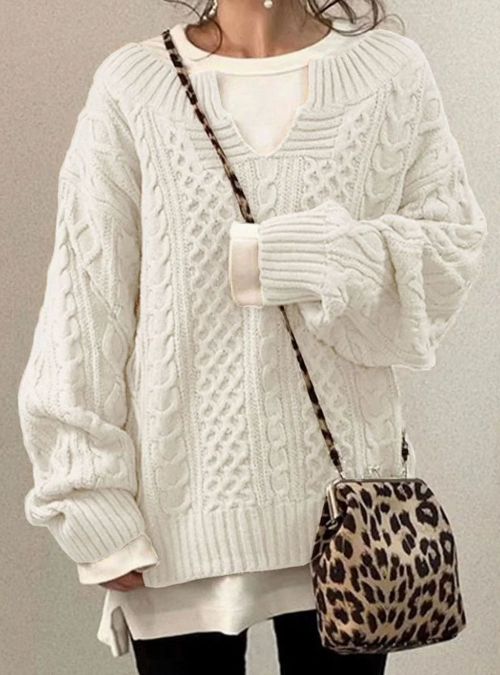 Women's Oversized Sweater | Cable Knit V-Neck Pullover, Relaxed Fit 1