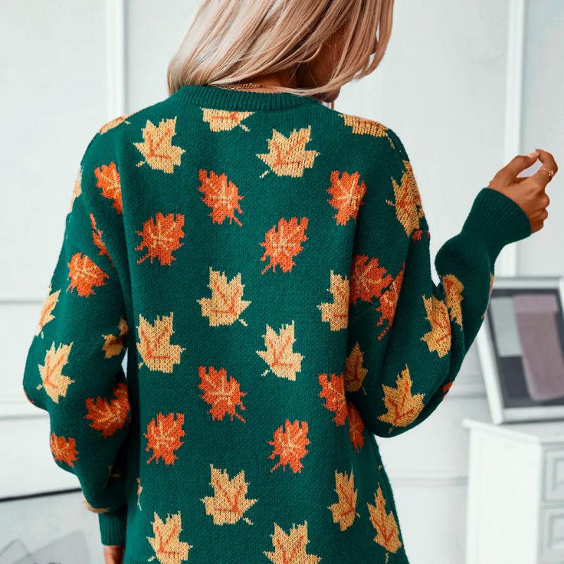 Women's Oversized Sweater | Cozy Knit, Crew Neck, Maple Leaf Pattern 1