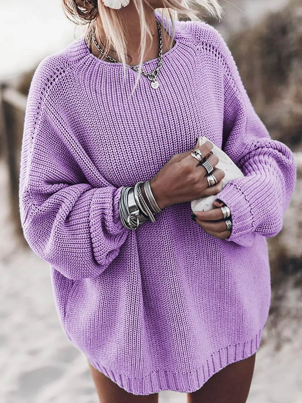 Women's Oversized Sweater | Soft Ribbed Knit, Balloon Sleeves, Crewneck 4