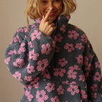 Women's Oversized Teddy Fleece Jacket | Floral Print, Relaxed Fit, Half Zip 3