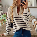 Women's Striped Ribbed Jumper | Half-Zip Neckline, Relaxed Fit, Long Sleeve 0