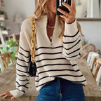 Women's Striped Ribbed Jumper | Half-Zip Neckline, Relaxed Fit, Long Sleeve 0