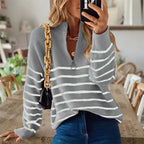 Women's Striped Ribbed Jumper | Half-Zip Neckline, Relaxed Fit, Long Sleeve 1