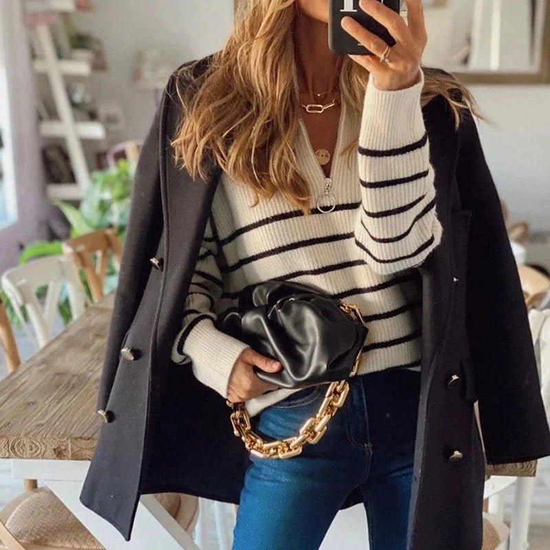 Women's Striped Ribbed Jumper | Half-Zip Neckline, Relaxed Fit, Long Sleeve 4