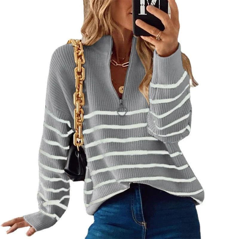 Women's Striped Ribbed Jumper | Half-Zip Neckline, Relaxed Fit, Long Sleeve 5