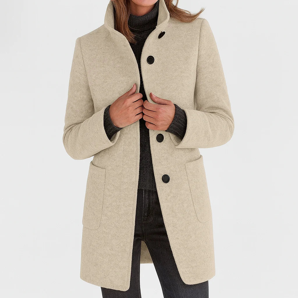 Women's Winter Coat | Knee-Length, Stand Collar, Button Front, Patch Pockets 0
