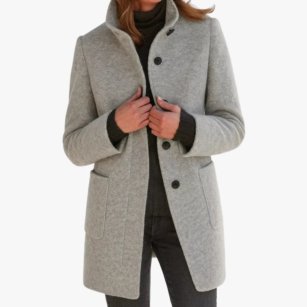 Women's Winter Coat | Knee-Length, Stand Collar, Button Front, Patch Pockets 1