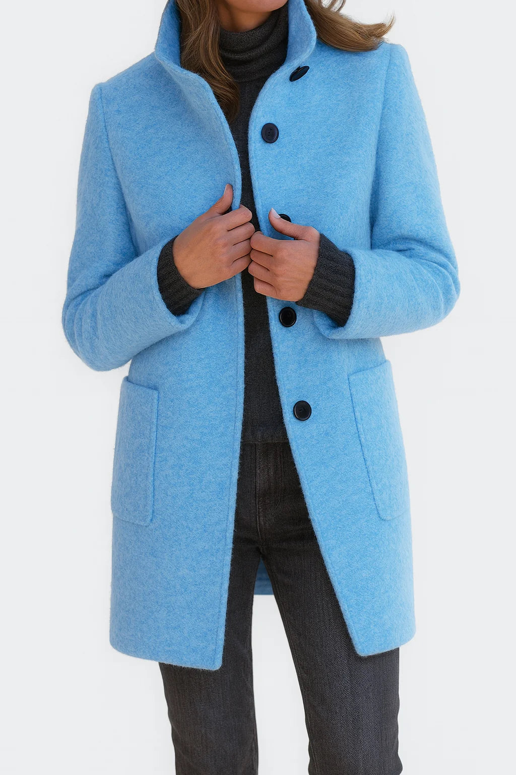 Women's Winter Coat | Knee-Length, Stand Collar, Button Front, Patch Pockets 10
