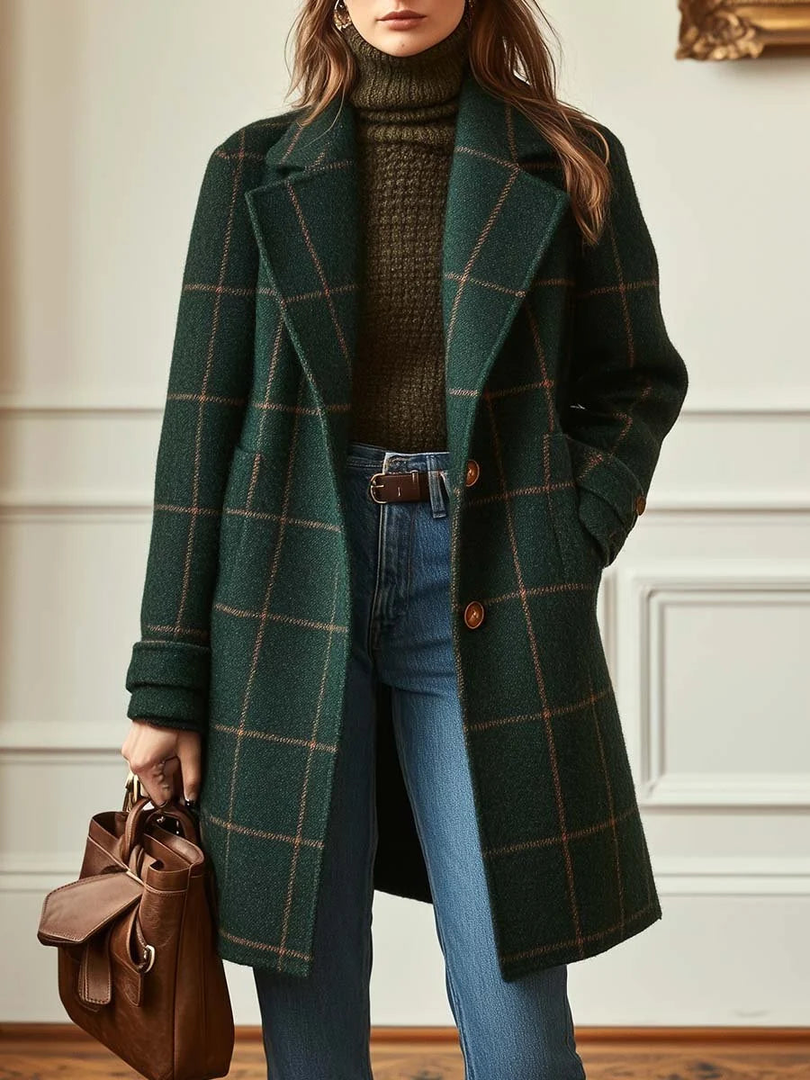 Women's Winter Coat | Retro Plaid Tweed, Tailored Silhouette, Lapel Collar 0