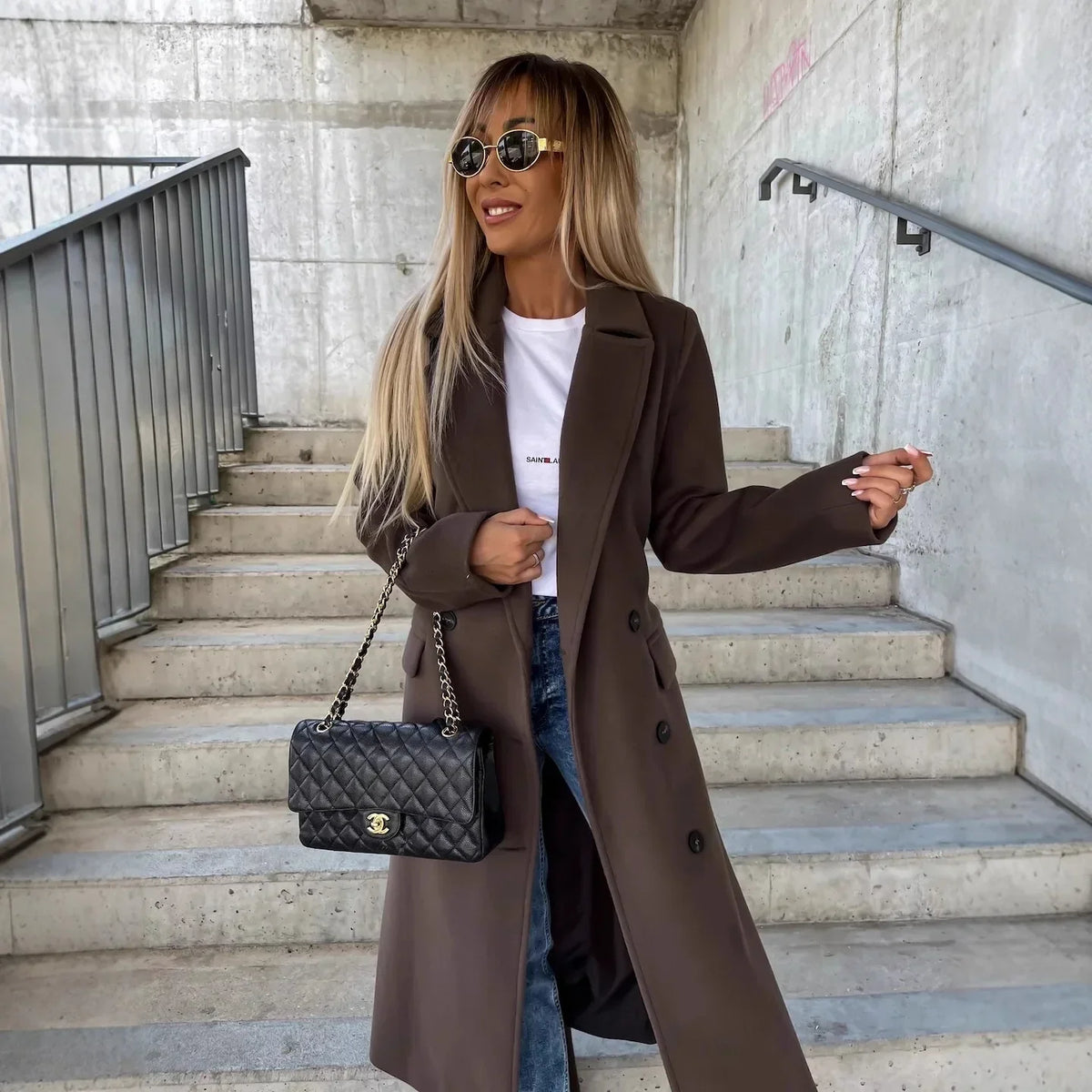 Women's Winter Coat | Wool Blend, Lapel Collar, Split Hem 2