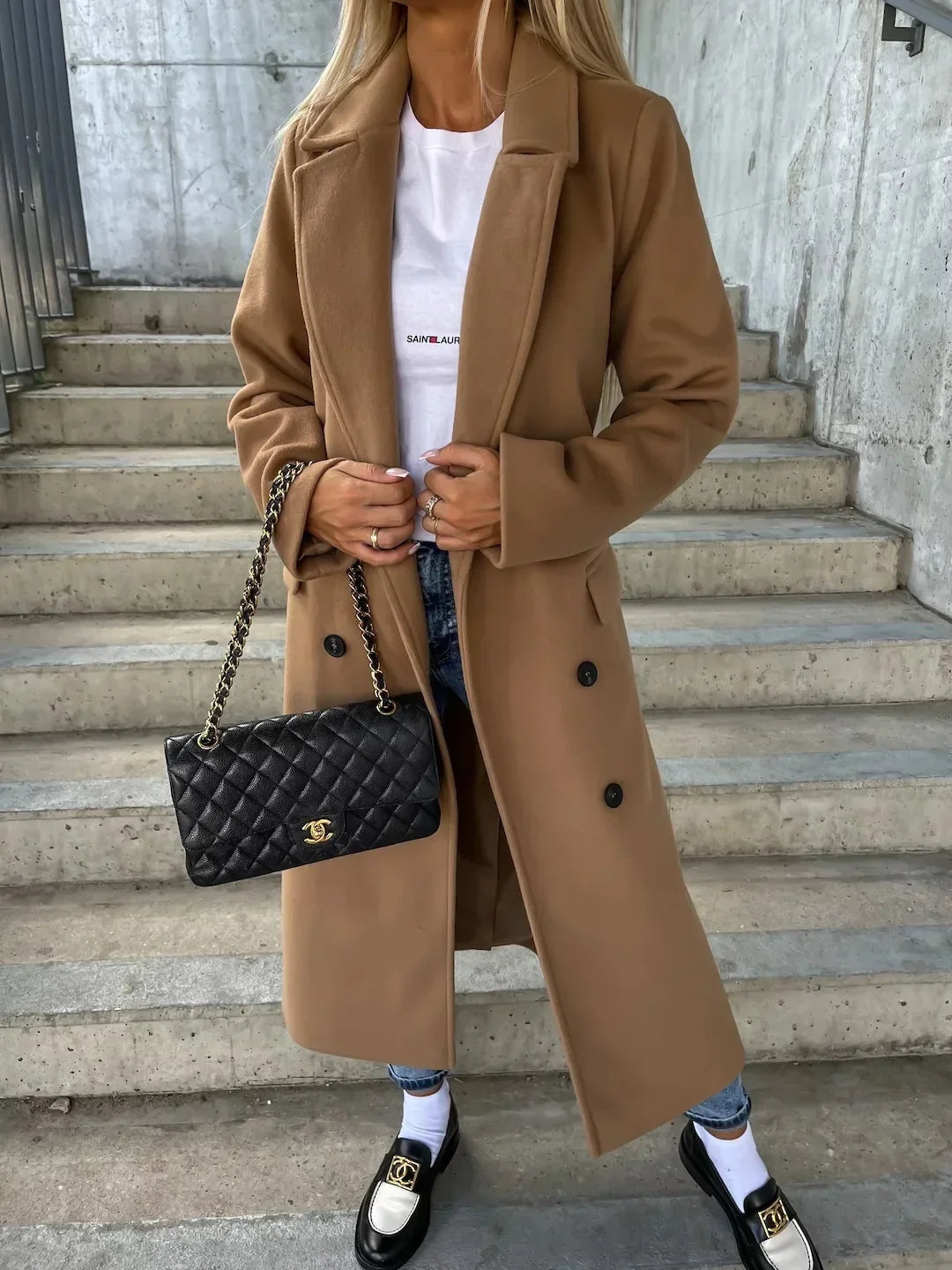 Women's Winter Coat | Wool Blend, Lapel Collar, Split Hem 9